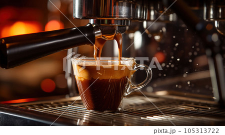 Close-up of espresso pouring from coffee machine. Professional coffee brewing Close-up of espresso pouring from coffee machine. Professional coffee brewing 105313722
