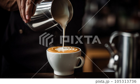 male hands pouring milk and preparing fresh cappuccino 105313736