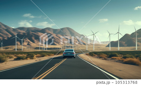 Electric car drive on the wind turbines background Electric car drive on the wind turbines background 105313768