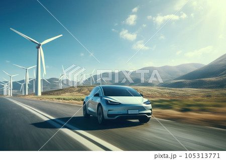 Electric car drive on the wind turbines background Electric car drive on the wind turbines background 105313771
