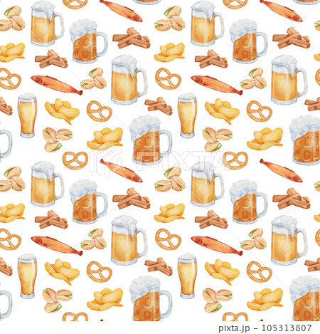 Seamless pattern with mug of beer, fish and pretzel. Watercolor beer elements on white background. 105313807
