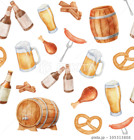 Seamless pattern with mug of beer, bottle and barrel. Watercolor beer elements on white background. 105313808