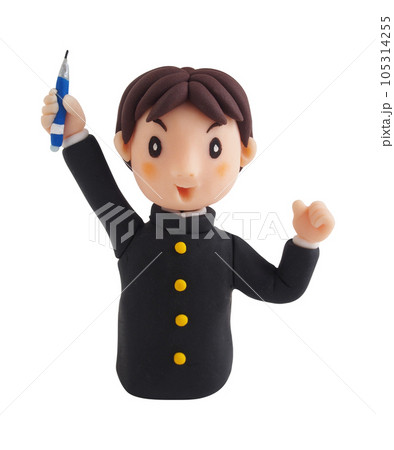 鉛筆を持ってガッツポーズしている制服を来た男の子上半身（粘土立体イラスト） 105314255