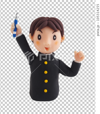 Upper body of a boy in uniform holding a pencil and doing a guts pose (3D clay illustration) 105314255