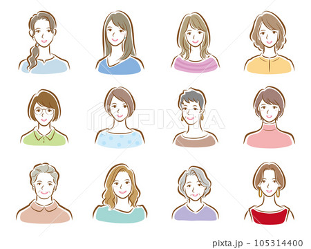 様々な女性の顔のイラスト. 105314400