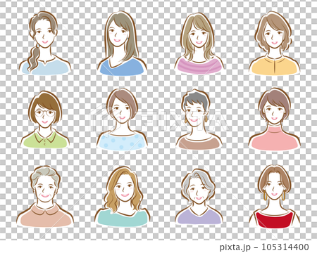 様々な女性の顔のイラスト. 105314400