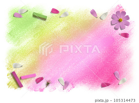 緑と桃色グラデーションの背景と、舞い散るカラフル秋桜の花びら 緑と桃色グラデーションの背景と、舞い散るカラフル秋桜の花びら 105314473