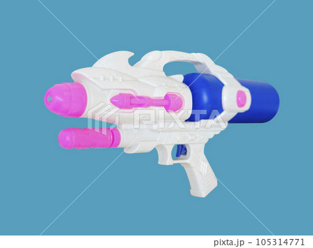 Plastic water gun isolated on blue background Plastic water gun isolated on blue background 105314771