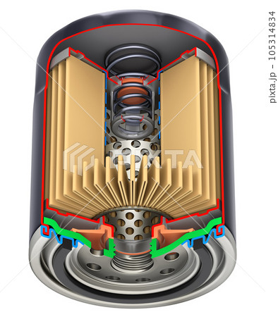 Cross section of car oil filter isolated on white background - 3D illustration 105314834