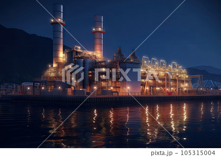 Aerial top view industry petroleum station with beautiful sky background, gas and oil refinery tank for process, Manufacturing of industrial with Generative AI. 105315004
