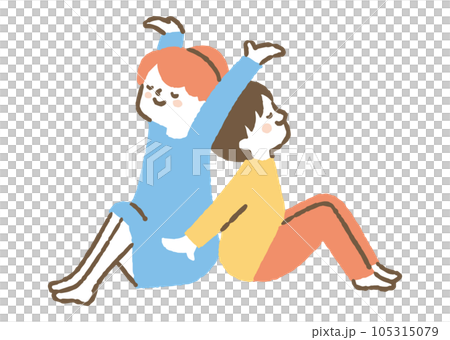 姐姐和弟弟背靠背伸展手臂_顏色 105315079
