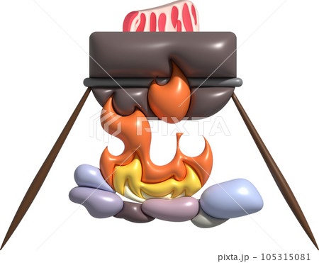 3D illustration. Camping stove cooking pot. On a wood-fired fire. 105315081