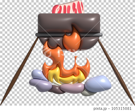 3D illustration. Camping stove cooking pot. On a wood-fired fire. 105315081