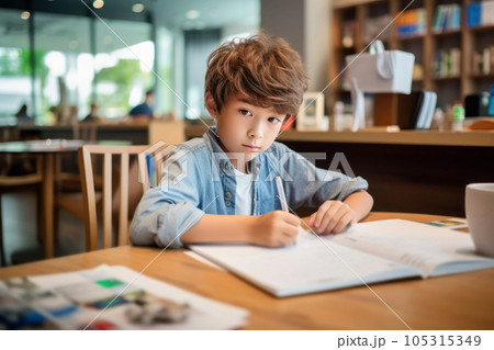 カフェで宿題をする小学生の男の子 105315349