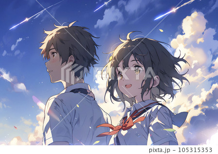 男女二人のイラストの原画 青空を見る男女2人の学生（Generative AI）のイラスト素材 [105315353