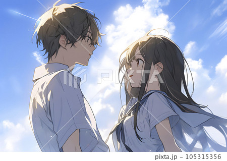 青空の下、見つめ合う男女2人の学生（Generative AI）のイラスト素材