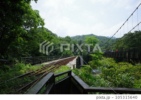 台湾の十分瀑布の近くにある観瀑吊橋と並行に走る平渓線の線路 105315640
