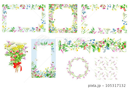 Set of different frames, borders, pattern from realistic meadow wildflowers hand-drawn. Watercolor floral natural illustration on white background for photo, cards, banner, poster, stickers, wrapping 105317132