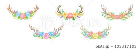 Beautiful Deer Antlers or Horns with Blooming Flowers Bouquet Vector Set 105317185