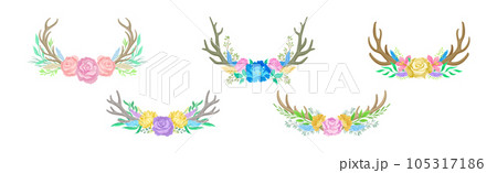 Beautiful Deer Antlers or Horns with Blooming Flowers Bouquet Vector Set 105317186