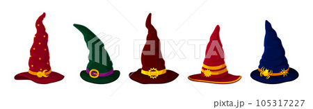 Witch Pointed Hat with Buckle and Wide Brim Vector Set Witch Pointed Hat with Buckle and Wide Brim Vector Set 105317227