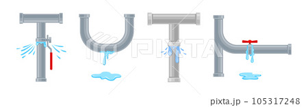 Leaking Water Pipe and Damaged Dripping Fitting Vector Set Leaking Water Pipe and Damaged Dripping Fitting Vector Set 105317248