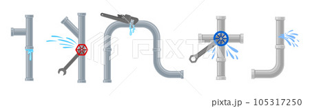 Leaking Water Pipe and Damaged Dripping Fitting Vector Set 105317250