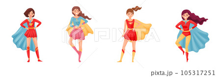 Superhero Woman Characters Wearing Cape or Cloak Vector Set 105317251