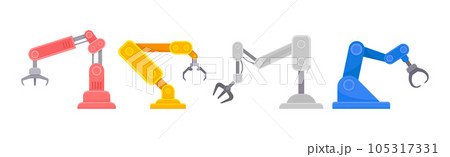 Robotic Mechanical Programmable Arm with Joints for Industrial Assembly Operation Vector Set Robotic Mechanical Programmable Arm with Joints for Industrial Assembly Operation Vector Set 105317331