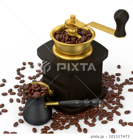 Manual wooden coffee grinder and Turkish cezve coffee maker with coffee beans 105317473