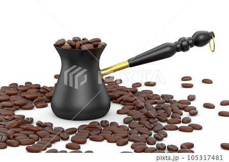Turkish coffee cooked in sand or maker cezve with coffee bean on white 105317481