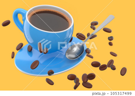 Ceramic coffee cup with coffee beans for americano, espresso, latte on yellow Ceramic coffee cup with coffee beans for americano, espresso, latte on yellow 105317499