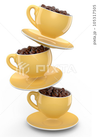 Ceramic coffee cup with coffee beans for americano, espresso, latte on white 105317505