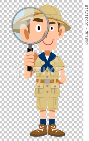 虫眼鏡を覗く探検家の服を着た男性 105317519