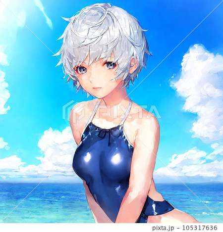 海 海辺 海水浴 女の子 女子 水着 ビーチ 銀髪 スク水 ショートカット 105317636