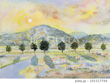 Painting on paper colorful of mountain range and flower tree, field farm. 105317789