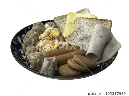 Homemade breakfast is including Breads, Fried sausages, Ham, Pork shumais, Scrambled eggs, Cheese, Crispy ginger cookies on ceramic plate isolated on white background with clipping path. Homemade breakfast is including Breads, Fried sausages, Ham, Pork shumais, Scrambled eggs, Cheese, Crispy ginger cookies on ceramic plate isolated on white background with clipping path. 105317989