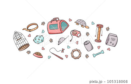Pet store doodle, a set of icons of goods for the animal store. Vector illustration items accessories for pet dogs cats and animals. Pet store doodle, a set of icons of goods for the animal store. Vector illustration items accessories for pet dogs cats and animals. 105318008