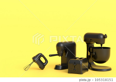 Espresso coffee machine, hand mixer, kettle and toaster on monochrome background Espresso coffee machine, hand mixer, kettle and toaster on monochrome background 105318151
