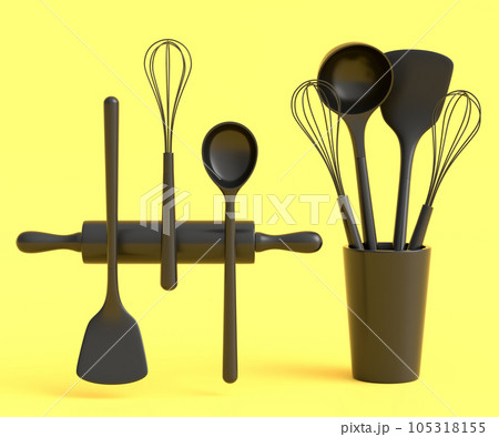 Wooden kitchen utensils, tools and equipment on monochrome background. Wooden kitchen utensils, tools and equipment on monochrome background. 105318155