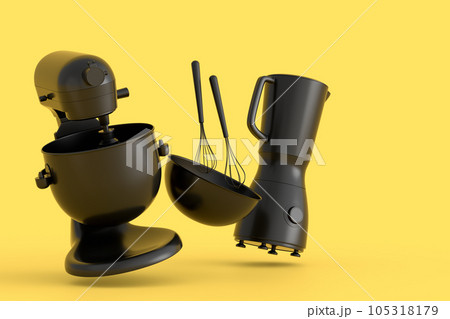 Mixer and bowl with kitchen utensil for preparation of dough on monochrome 105318179