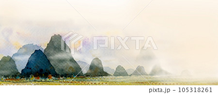 Landscape painting foggy mountain hill, farm forest with sky. Landscape painting foggy mountain hill, farm forest with sky. 105318261