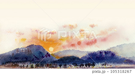 Landscape paintings colorful mountain range and rice field sunrise. 105318267