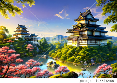 grand Japanese castle stands tall on a hill surround 105318460