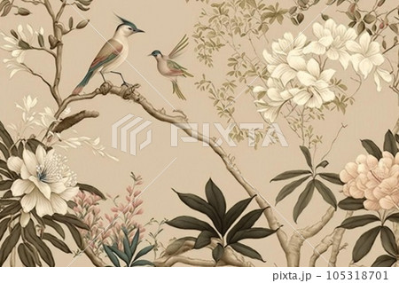 Beautiful pattern of tree with flowers and birds in chinese style. Beige, pastel colors. 105318701