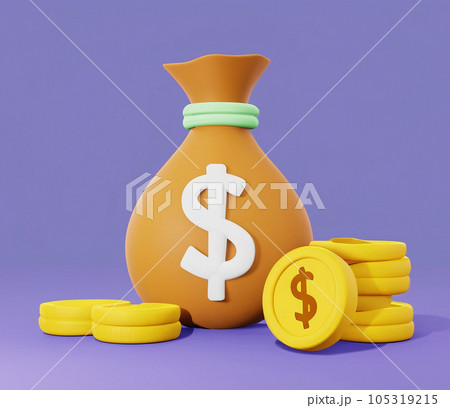 3d cartoon design illustration of Money bag and dollar coin 105319215