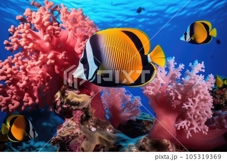 Fish over a coral reef in the sea. Generative AI 105319369