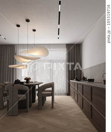 Modern scandinavian style dark brown kitchen interior design. Decoration with gray pastel counter, wooden cabinet and stone counter top background. 3d rendering. High quality 3d illustration 105319716