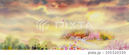 Spring festival, Watercolor landscape panorama painting on paper colorful of Village and flowers Spring festival, Watercolor landscape panorama painting on paper colorful of Village and flowers 105320330