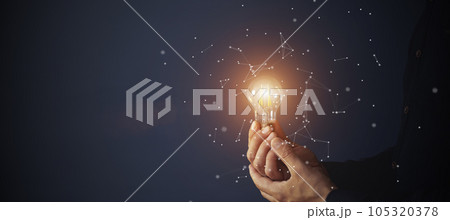 Knowledge idea bulb concept. Electric light bulb in hand business manager. Innovation, brain, creative concept 105320378